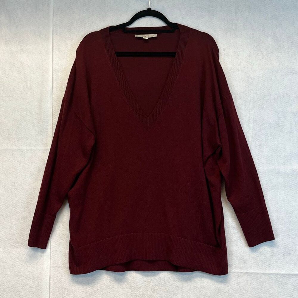 LOFT Women’s Sweater XL Burgundy Deep V-Neck Long Sleeve Oversized Knit‎ Soft
